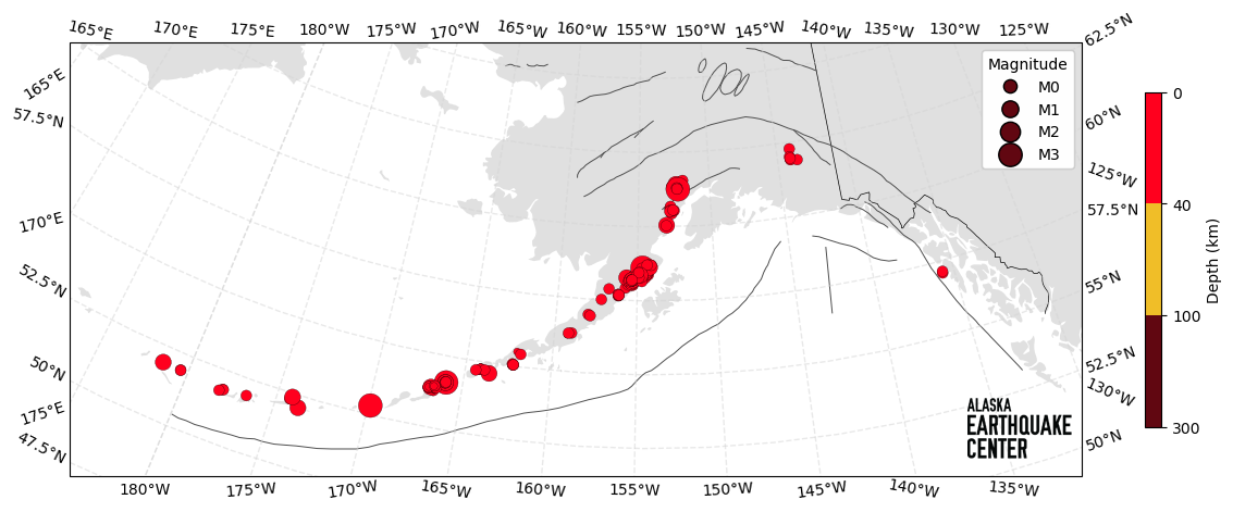 Map showing seismic activity associated with volcanoes.